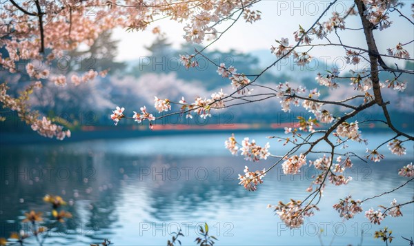 The lake in full bloom during the springtime, cherry tries blossoms near the lake in clear sunny
