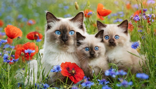 KI generated, animal, animals, mammal, mammals, cat, felidae (Felis catus), a cat and two kittens