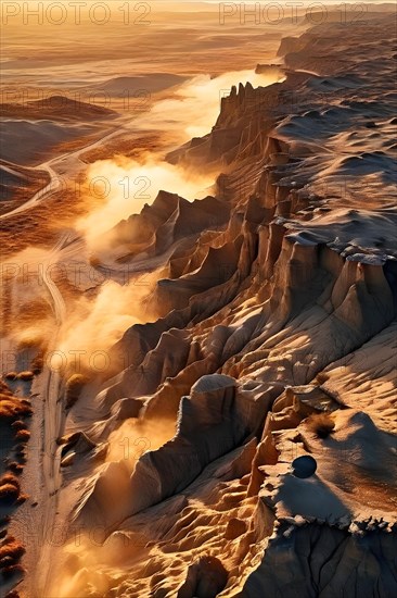 Patagonian desert landscape with powerful wind shaping landforms isolated rock formations, AI