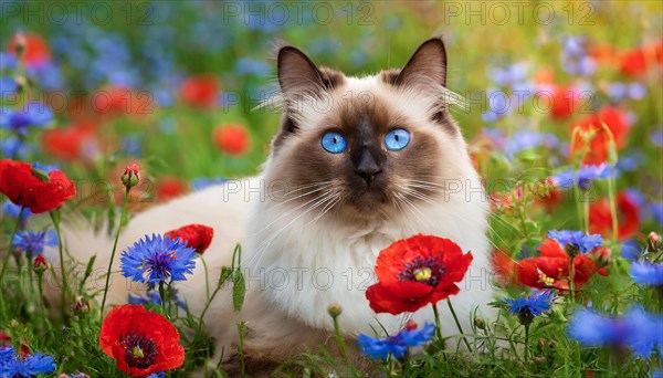 KI generated, animal, animals, mammal, mammals, cat, felidae (Felis catus), a cat lies in a meadow