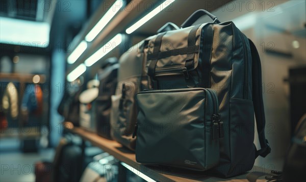 Modern backpacks lined up on a shelf with neon lighting in a store AI generated