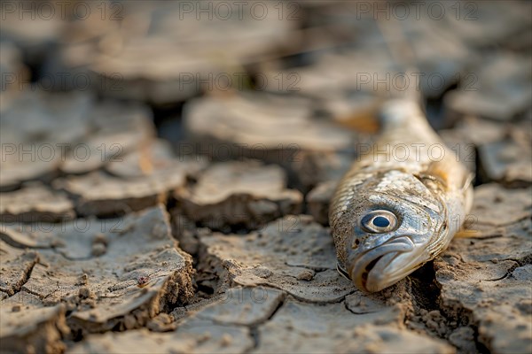 Dead fish on cacked dried up earth. Global warming and water scarcity concept. KI generiert,