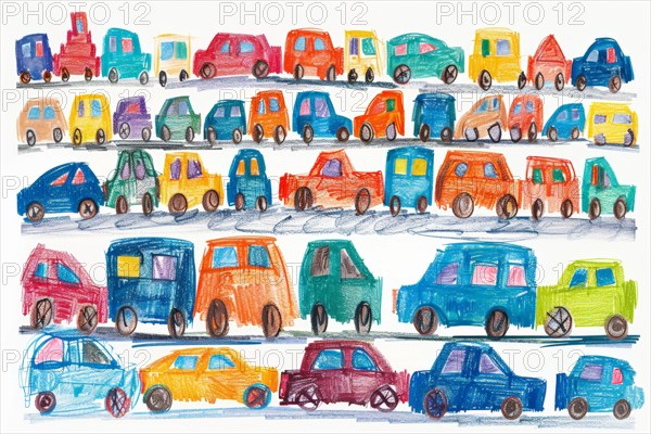 Cars standing in a traffic jam, drawing with coloured pencils by a child of preschool age, primary