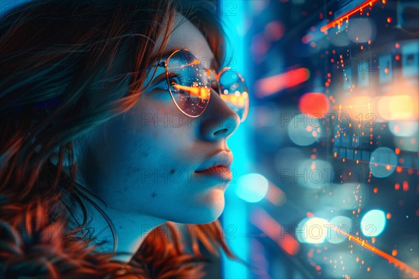 Woman in reflective glasses with neon blue light and bokeh, creating a futuristic look, AI