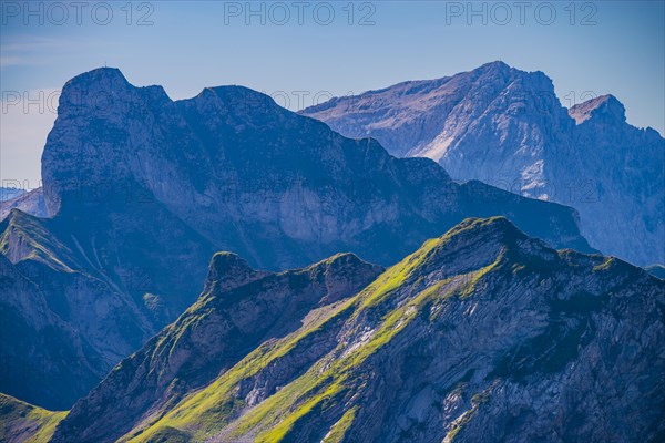 Mountain panorama from Laufbacher-Eckweg to Schneck, 2268m, behind Grosser Wilder, 2379m, Allgaeu