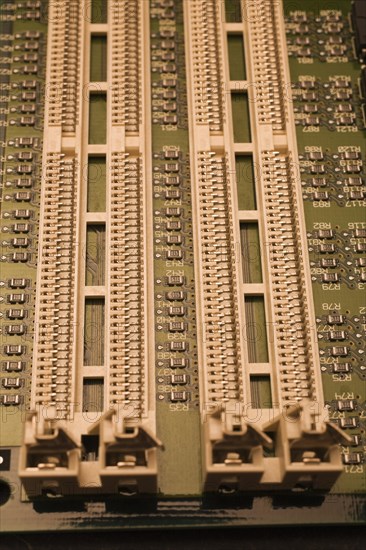Close-up of greenish electronic computer circuit board, Studio Composition, Quebec, Canada, North