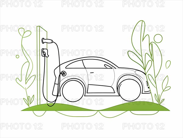 Simple outline drawing of an eco-friendly car at a charging station with greenery, illustration, AI