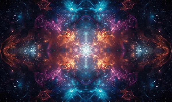 Symmetrical abstract celestial design with vibrant fractal elements in blue, purple, and orange AI