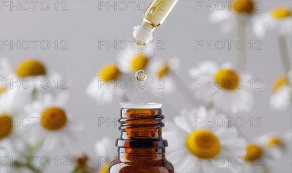 Chamomile essential oil in a dropper bottle, closeup view, skin care cosmetic background AI