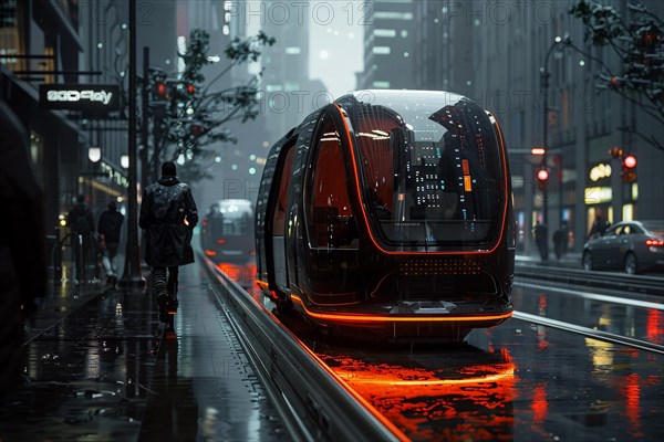 A futuristic tram with red glowing lights travels through a wet urban streetscape at evening, AI