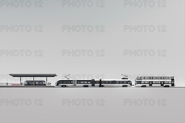 A minimalist urban setting with a tram at a bus stop in monochrome tones, illustration, AI