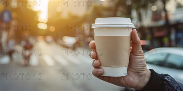 Person's hand holding disposable coffee cup with blurry city in background. KI generiert,