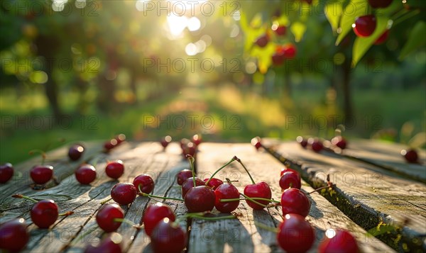 Ripe cherries scattered on a wooden picnic table in the dappled sunlight of a cherry orchard AI