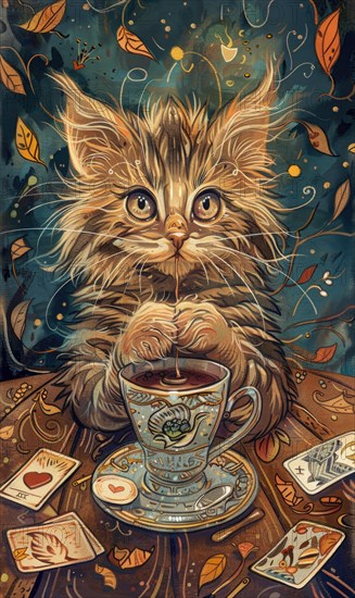 A cat is sitting on a table with a cup of tea and playing cards. The cat appears to be enjoying its