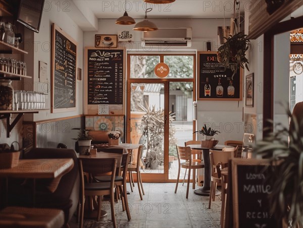 Cozy cafe interior with wooden chairs, menu boards, and a warm, rustic ambiance, coffee shop, Rome,