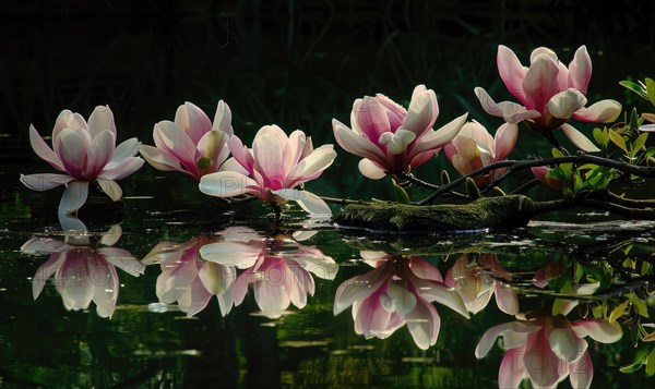 Magnolia blossoms reflected in the still waters of a tranquil pond. Magnolia blossoms touch water