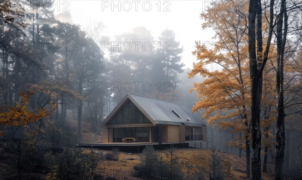 Morning mist enveloping a contemporary wooden cabin hidden deep within a spring garden filled with