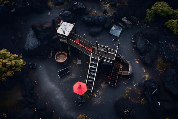 Lava destroying the remnants of a playground swings and slides emerging from hardened lava, AI