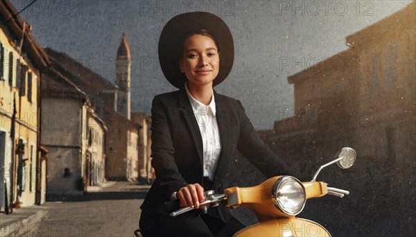 Tranquil woman riding a scooter at dusk in a historic town, wearing a hat, blurry moody landscaped
