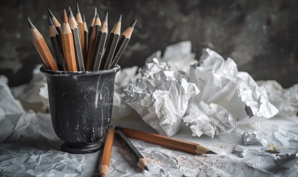 Graphite pencils arranged in a cup on a desk, surrounded by crumpled sheets of discarded white