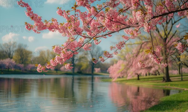 The lake in full bloom during the springtime, cherry tries blossoms near the lake in clear sunny