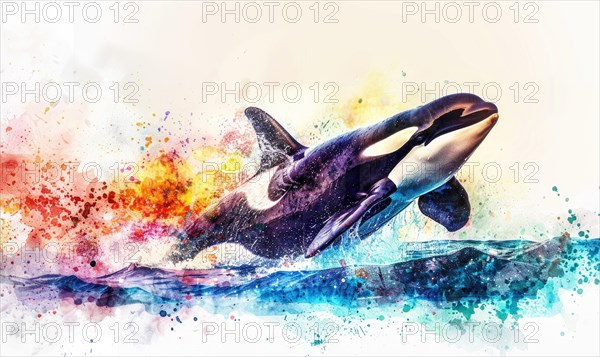 A watercolor depiction of an orca whale breaching the surface against a backdrop of vibrant ocean