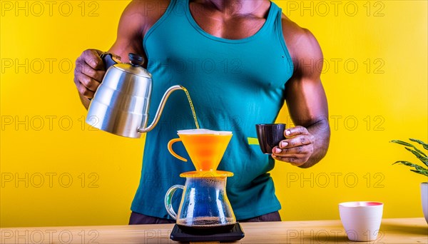Muscular barista making coffee on a bright yellow background with professional equipment,