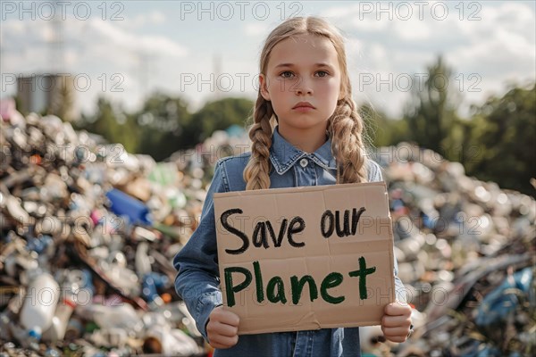 Activist with cardboard sign with text 'Save our planet' in front of blurry mountain of garbage. KI