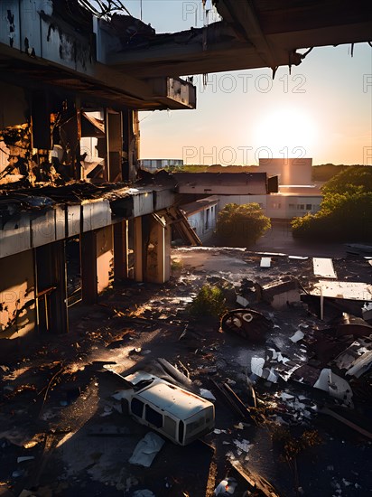 Neglected hospital section with collapsed roof elements, AI generated, hospital, damage, abandoned,