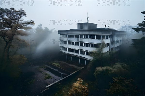 Neglected hospital section with collapsed roof elements, AI generated, hospital, damage, abandoned,