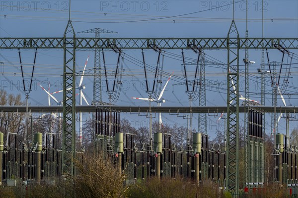 Stendal West substation with wind turbines in the background near Luederitz, Stendal,