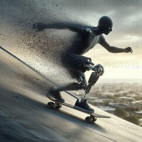 Athlete with bionic limb running with a dynamic shadow splash effect in an urban landscape, AI