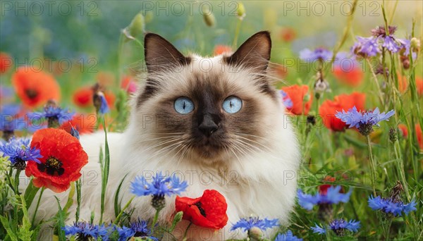 KI generated, animal, animals, mammal, mammals, cat, felidae (Felis catus), a cat lies in a meadow