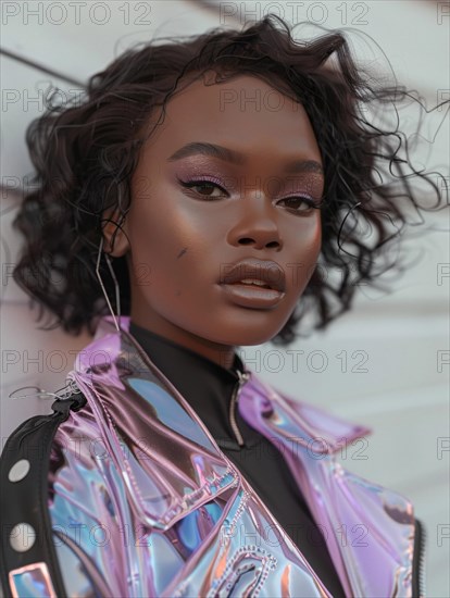Portrait of a woman with curly hair and intense gaze, wearing a holographic jacket and black shirt,