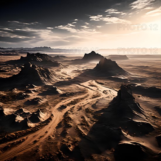 Patagonian desert landscape with powerful wind shaping landforms isolated rock formations, AI