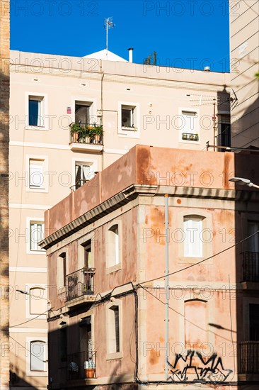 Street and old houses in Barcelonata, an old neighbourhood at the port of Barcelona, Spain, Europe