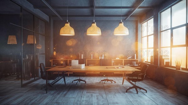 Modern office interior featuring a wooden table, artistic pendant lighting, and warm atmosphere,