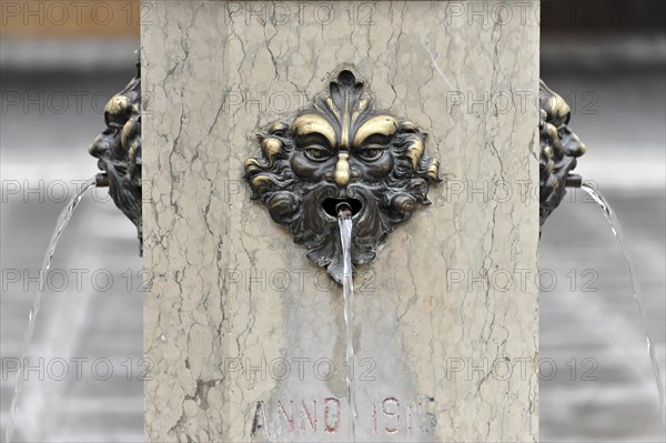 Rialto Market, shell fountain, detail of a historic fountain with gargoyle, Venice, Veneto, Italy,