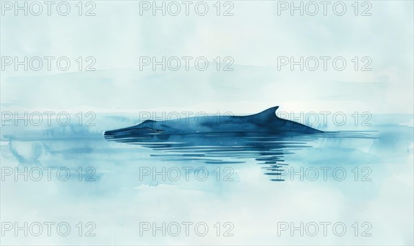 A serene watercolor painting featuring a solitary whale gracefully gliding through calm ocean