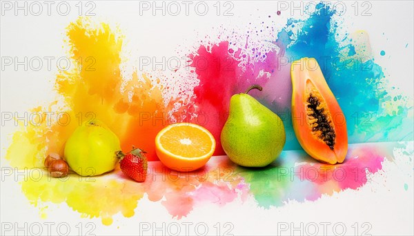 Variety of fruits on a watercolor paint background, artistic food presentation, horizontal, AI