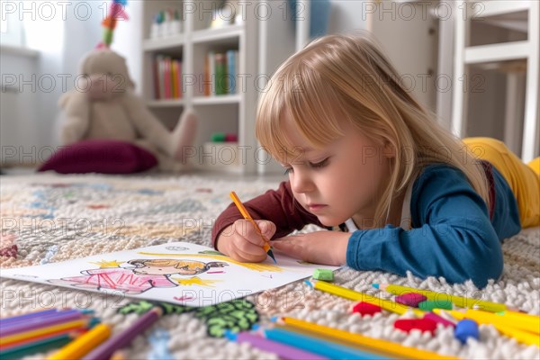 A preschool-aged girl lies on the floor and draws a picture with coloured pencils, AI generated, AI