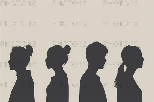 Four women in profile silhouettes against a beige background, evoking a mysterious elegance,