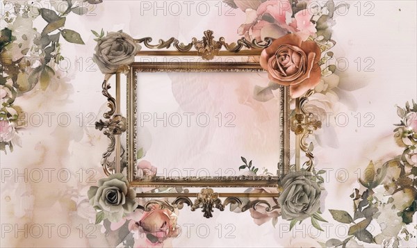 A gold frame with pink flowers on the wall. Abstract background with frame and space for text AI