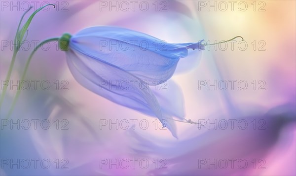 Close-up of a bellflower in soft light, closeup view, selective focus, spring background AI