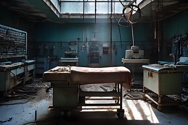 Deserted operating theater rusting surgical tools scattered on a surgical table, AI generated,