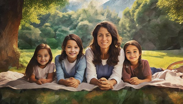 A mother and her children lying on a picnic blanket, with a serene treeline in the background, AI