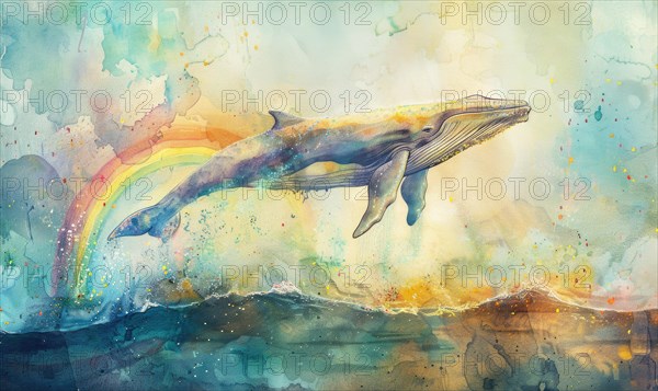 A watercolor artwork portraying a surreal scene of a whale leaping over a rainbow in a dreamlike