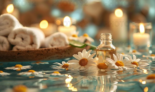Chamomile essential oil in a dropper bottle, closeup view, skin care cosmetic background AI