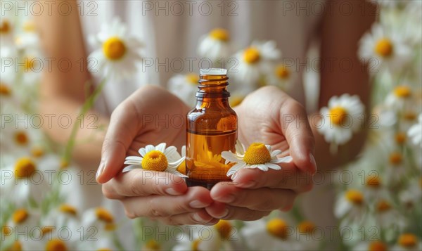 Hands holding bottle of chamomile essential oil, organic cosmetic, beauty in nature, closeup view