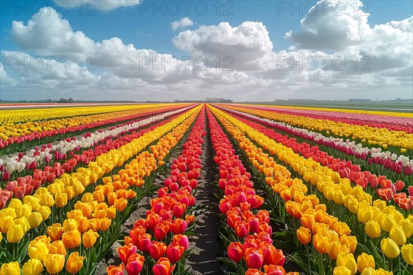 Dutch tulip field showcasing a stunning pattern of red and yellow flowers in symmetrical rows, AI